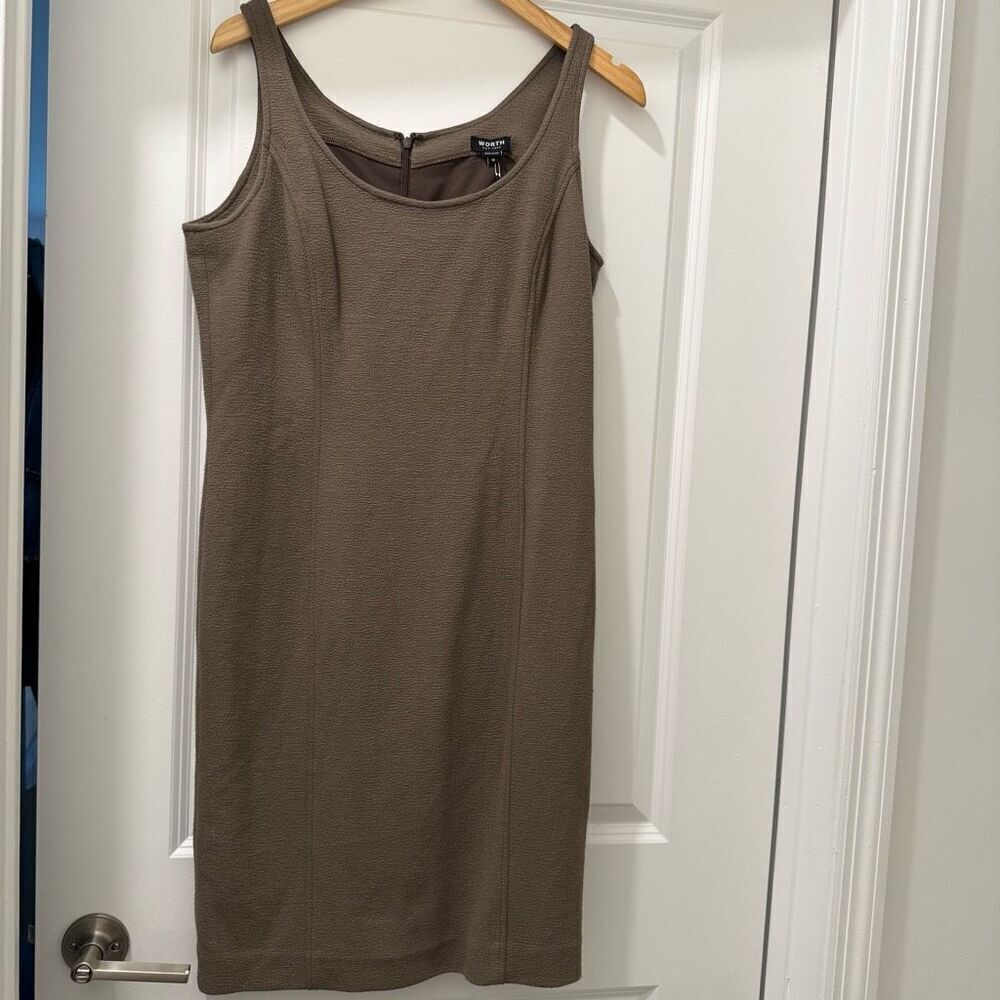 New WORTH New York sleeveless sheath dress in a neutral taupe-brown color. Scoop